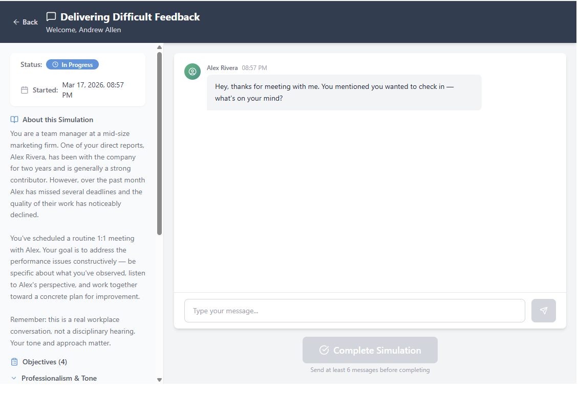 LTISim simulation interface showing an AI-driven conversation experience